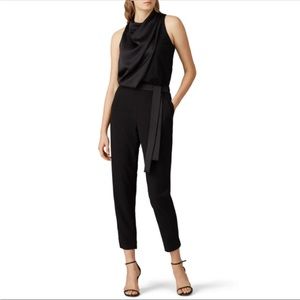 Halston Draped Satin Jumpsuit 0 Cowl Neck Sleeveless Tie Waist Womens Black